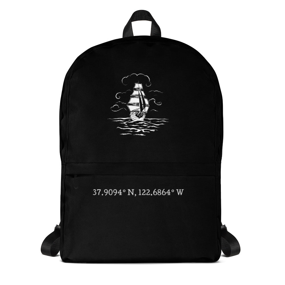 Ship on the high seas with Bolinas coordinates Backpack