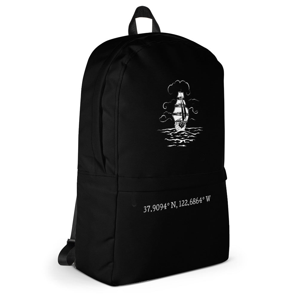 Ship on the high seas with Bolinas coordinates Backpack